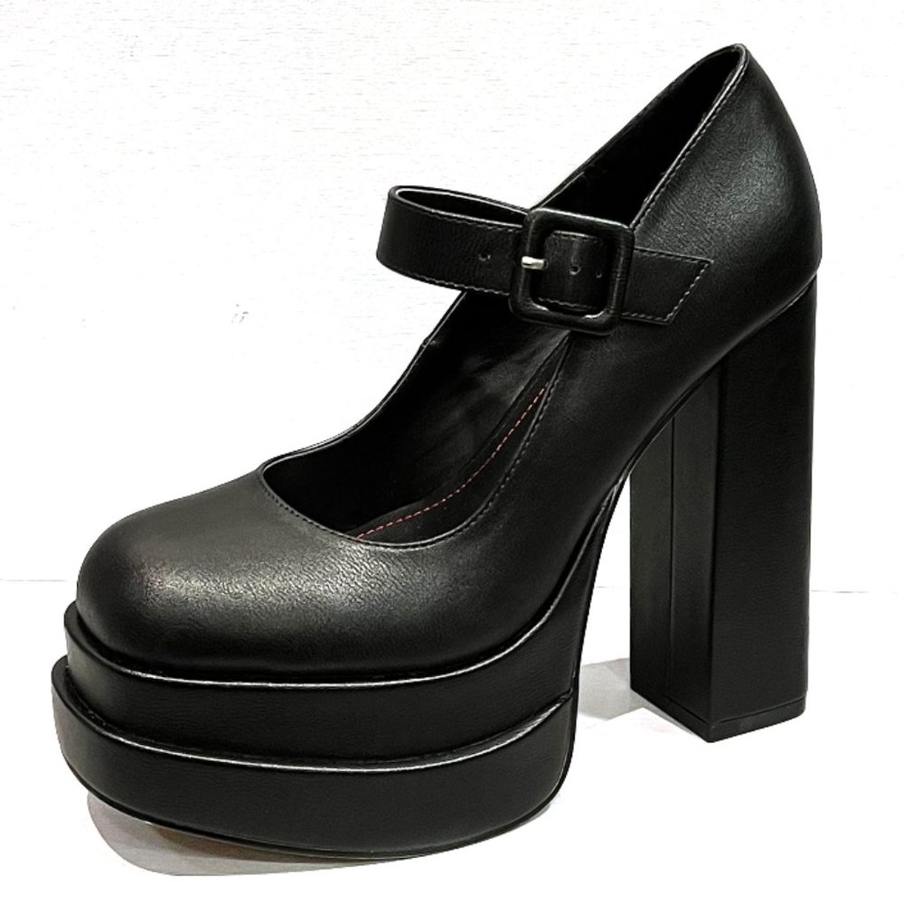 Black Double Platform Mary Jane Platform Chunky Heel Pumps